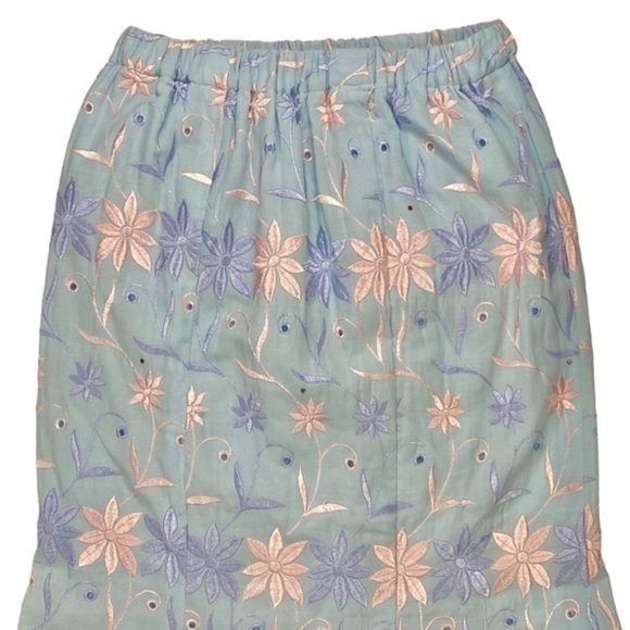 Allover Floral Embroidered Skirt Womens Sz S Light Blue Tiered Hem Maxi Pull-On - Picture 6 of 14
